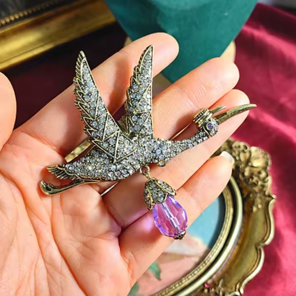 Vintage Bird in Flight Brooch with Lavender Crystal Charm